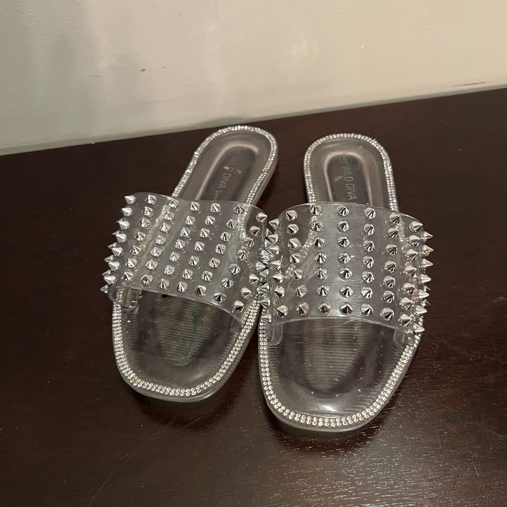 Clear Spike-Embellished Slide Sandals - Silver